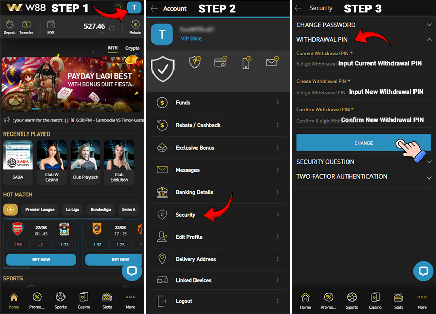 How-To-Set-Witdrawal-PIN-at-W88-Malaysia-Mobile-View